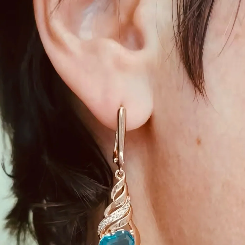 Shiny Blue Stone Long Drop Earrings for Women Natural Zircon 585